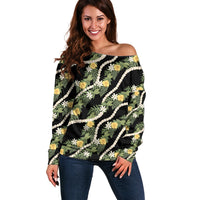 Hawaiian Pikake Maile Lei Off Shoulder Sweater Tiare Hibiscus Kalo Palapalai Leaf Black