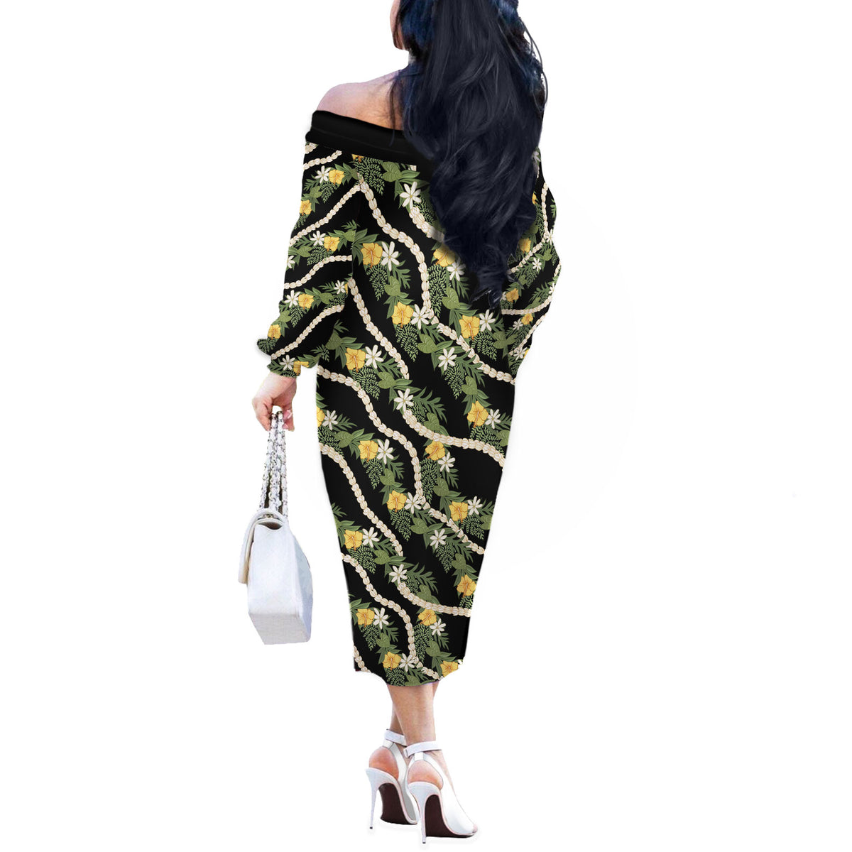 Hawaiian Pikake Maile Lei Off The Shoulder Long Sleeve Dress Tiare Hibiscus Kalo Palapalai Leaf Black