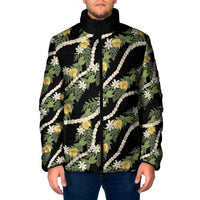 Hawaiian Pikake Maile Lei Padded Jacket Tiare Hibiscus Kalo Palapalai Leaf Black