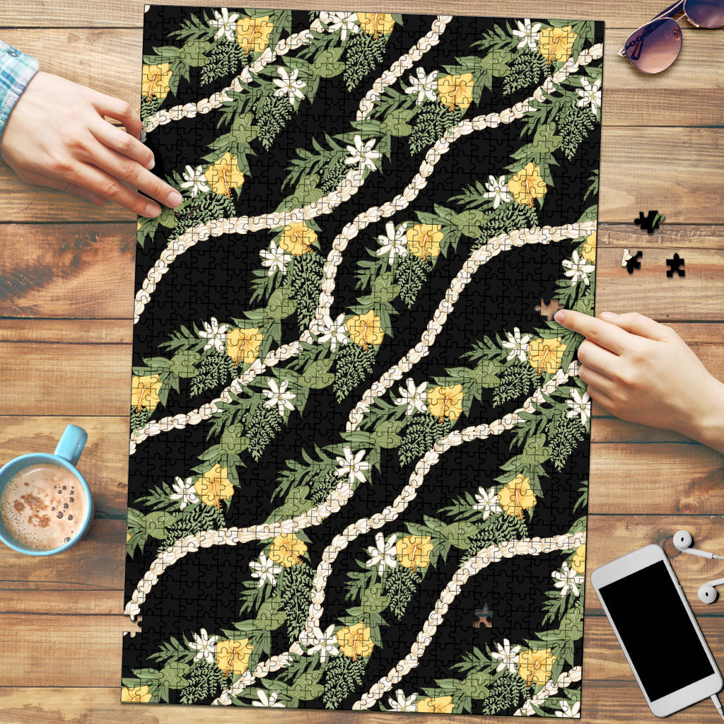 Hawaiian Pikake Maile Lei Puzzle Tiare Hibiscus Kalo Palapalai Leaf Black