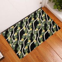 Hawaiian Pikake Maile Lei Rubber Doormat Tiare Hibiscus Kalo Palapalai Leaf Black