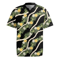 Hawaiian Pikake Maile Lei Rugby Jersey Tiare Hibiscus Kalo Palapalai Leaf Black