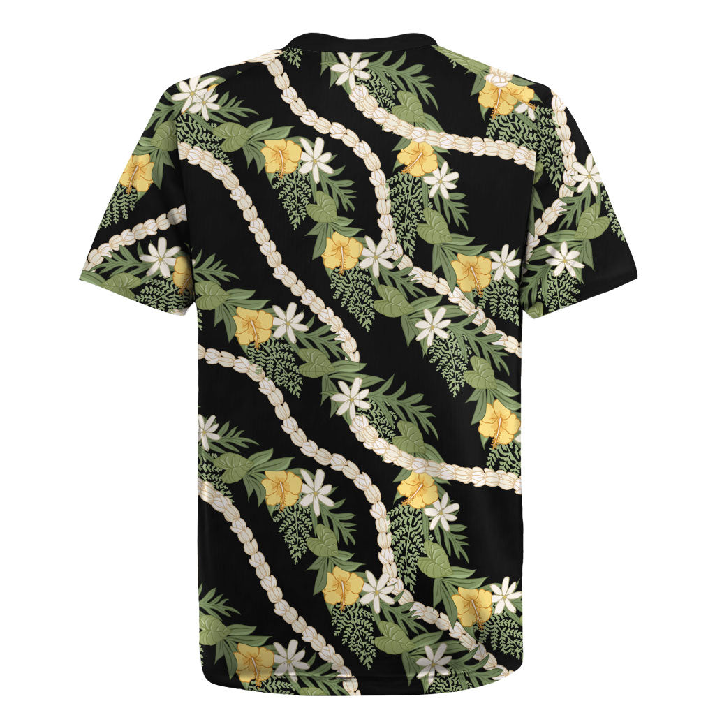 Hawaiian Pikake Maile Lei Rugby Jersey Tiare Hibiscus Kalo Palapalai Leaf Black