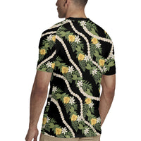 Hawaiian Pikake Maile Lei Rugby Jersey Tiare Hibiscus Kalo Palapalai Leaf Black