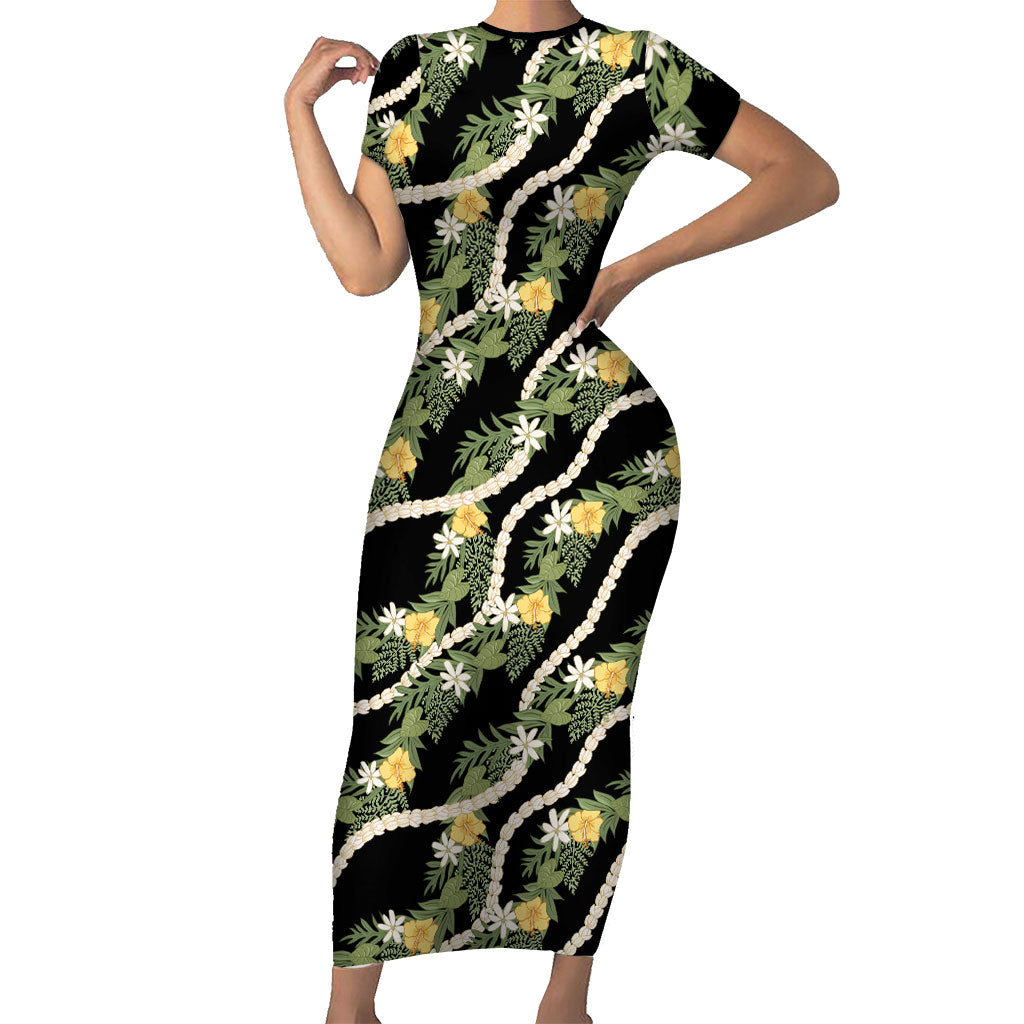 Hawaiian Pikake Maile Lei Short Sleeve Bodycon Dress Tiare Hibiscus Kalo Palapalai Leaf Black LT19 Long Dress Black - Polynesian Pride