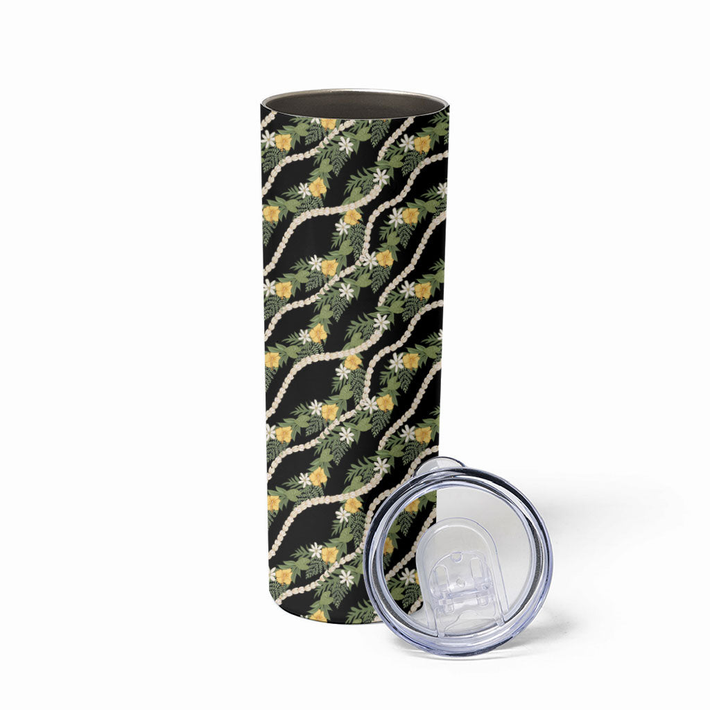 Hawaiian Pikake Maile Lei Skinny Tumbler Tiare Hibiscus Kalo Palapalai Leaf Black LT19 - Polynesian Pride