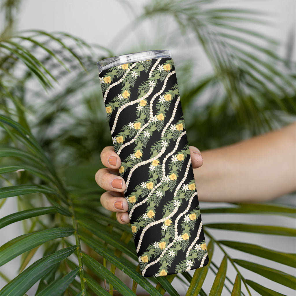 Hawaiian Pikake Maile Lei Skinny Tumbler Tiare Hibiscus Kalo Palapalai Leaf Black LT19 - Polynesian Pride