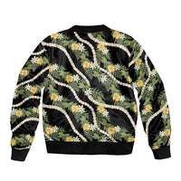 Hawaiian Pikake Maile Lei Sleeve Zip Bomber Jacket Tiare Hibiscus Kalo Palapalai Leaf Black LT19 - Polynesian Pride