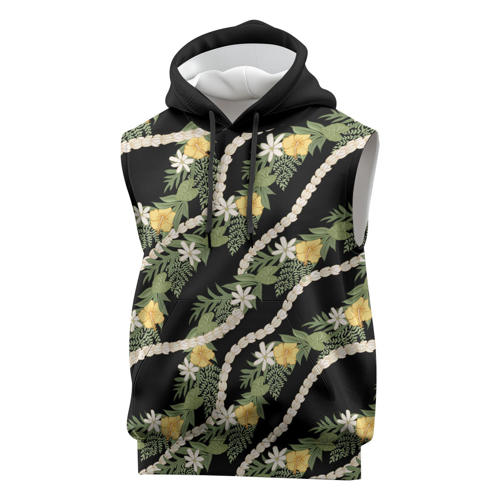 Hawaiian Pikake Maile Lei Sleeveless Hoodie Tiare Hibiscus Kalo Palapalai Leaf Black
