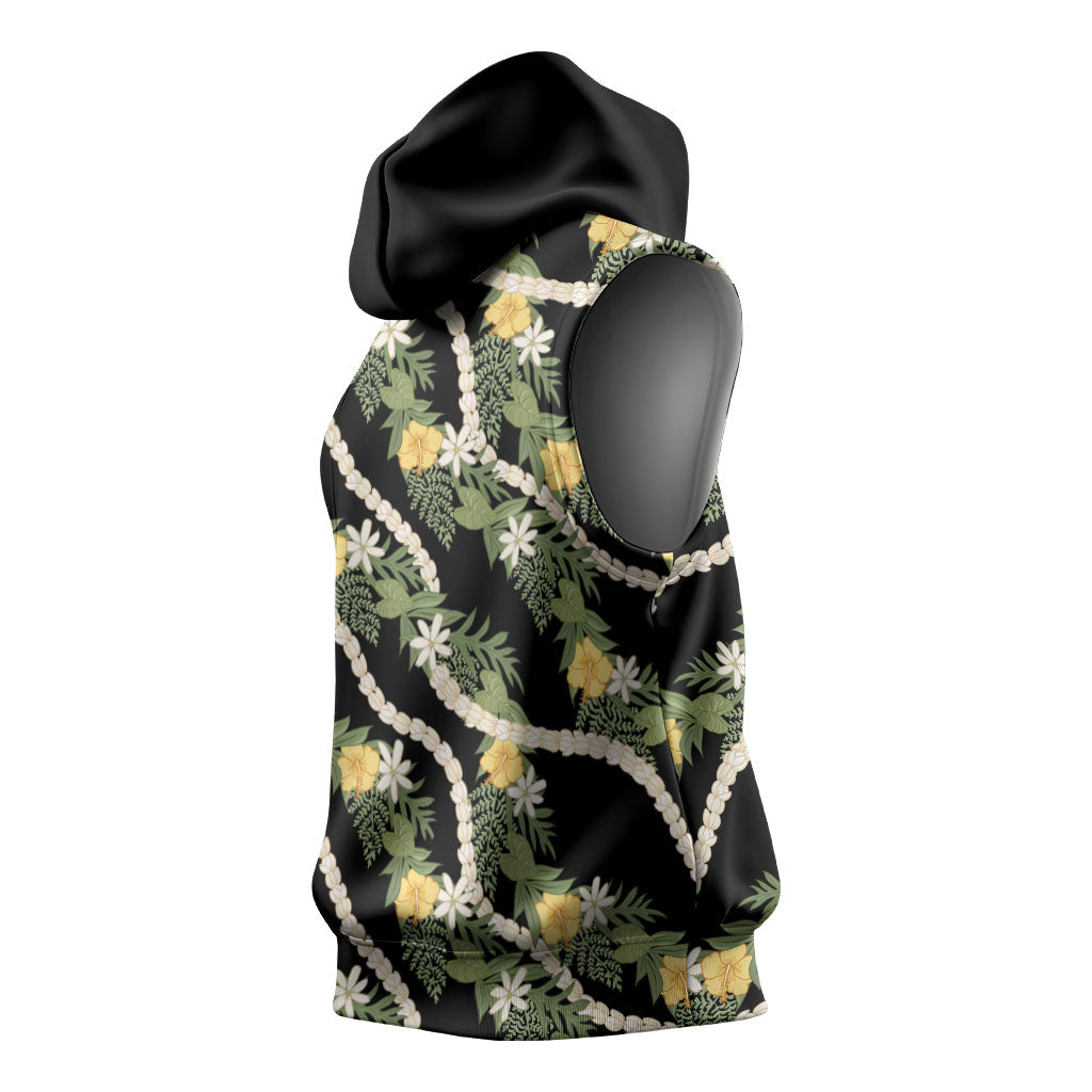 Hawaiian Pikake Maile Lei Sleeveless Hoodie Tiare Hibiscus Kalo Palapalai Leaf Black