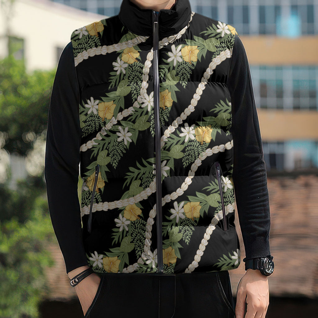Hawaiian Pikake Maile Lei Sleeveless Puffer Jacket Tiare Hibiscus Kalo Palapalai Leaf Black