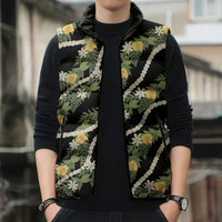 Hawaiian Pikake Maile Lei Sleeveless Puffer Jacket Tiare Hibiscus Kalo Palapalai Leaf Black