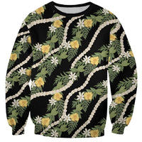Hawaiian Pikake Maile Lei Sweatshirt Tiare Hibiscus Kalo Palapalai Leaf Black