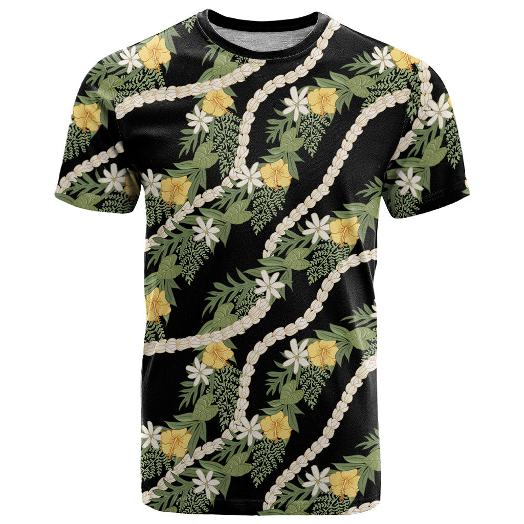 Hawaiian Pikake Maile Lei T Shirt Tiare Hibiscus Kalo Palapalai Leaf Black