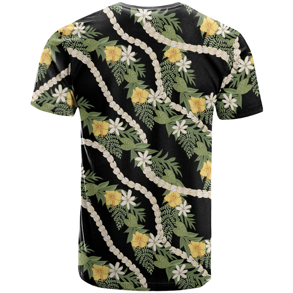 Hawaiian Pikake Maile Lei T Shirt Tiare Hibiscus Kalo Palapalai Leaf Black