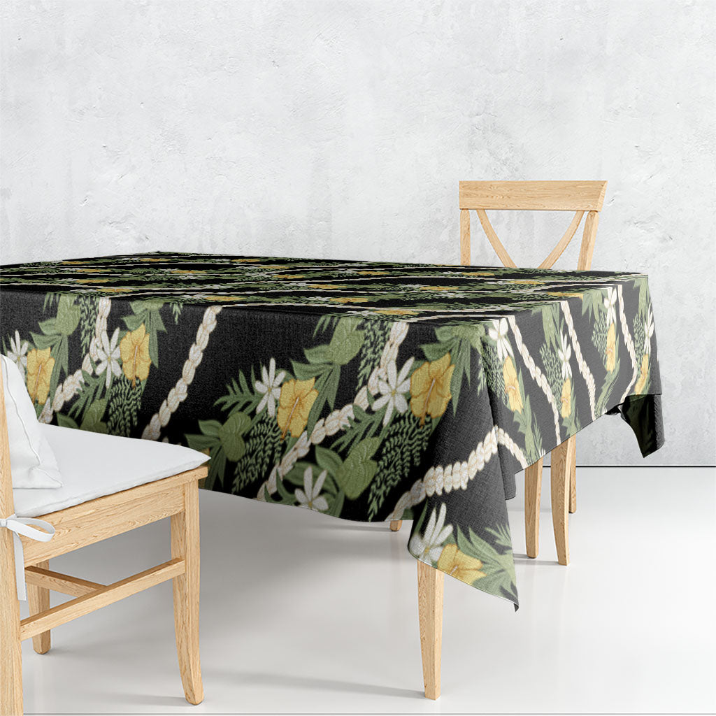 Hawaiian Pikake Maile Lei Tablecloth Tiare Hibiscus Kalo Palapalai Leaf Black