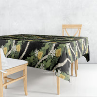 Hawaiian Pikake Maile Lei Tablecloth Tiare Hibiscus Kalo Palapalai Leaf Black
