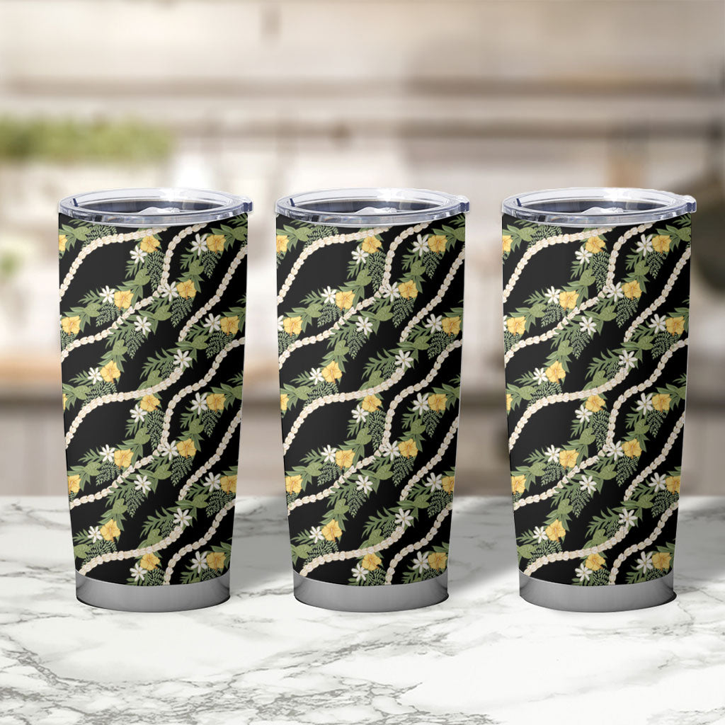 Hawaiian Pikake Maile Lei Tumbler Cup Tiare Hibiscus Kalo Palapalai Leaf Black