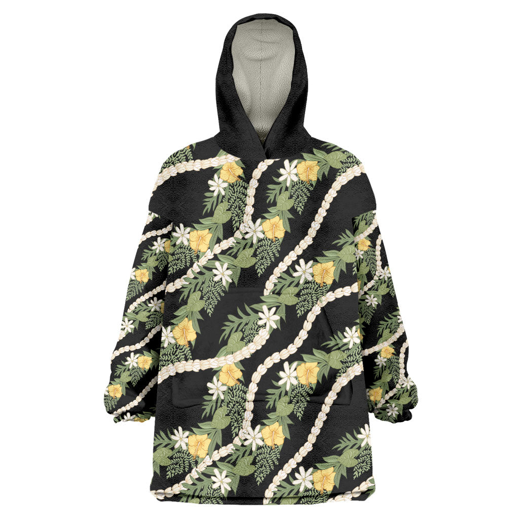 Hawaiian Pikake Maile Lei Wearable Blanket Hoodie Tiare Hibiscus Kalo Palapalai Leaf Black LT19 One Size Black - Polynesian Pride