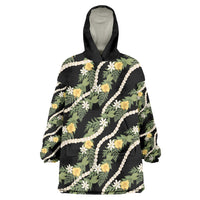 Hawaiian Pikake Maile Lei Wearable Blanket Hoodie Tiare Hibiscus Kalo Palapalai Leaf Black LT19 One Size Black - Polynesian Pride
