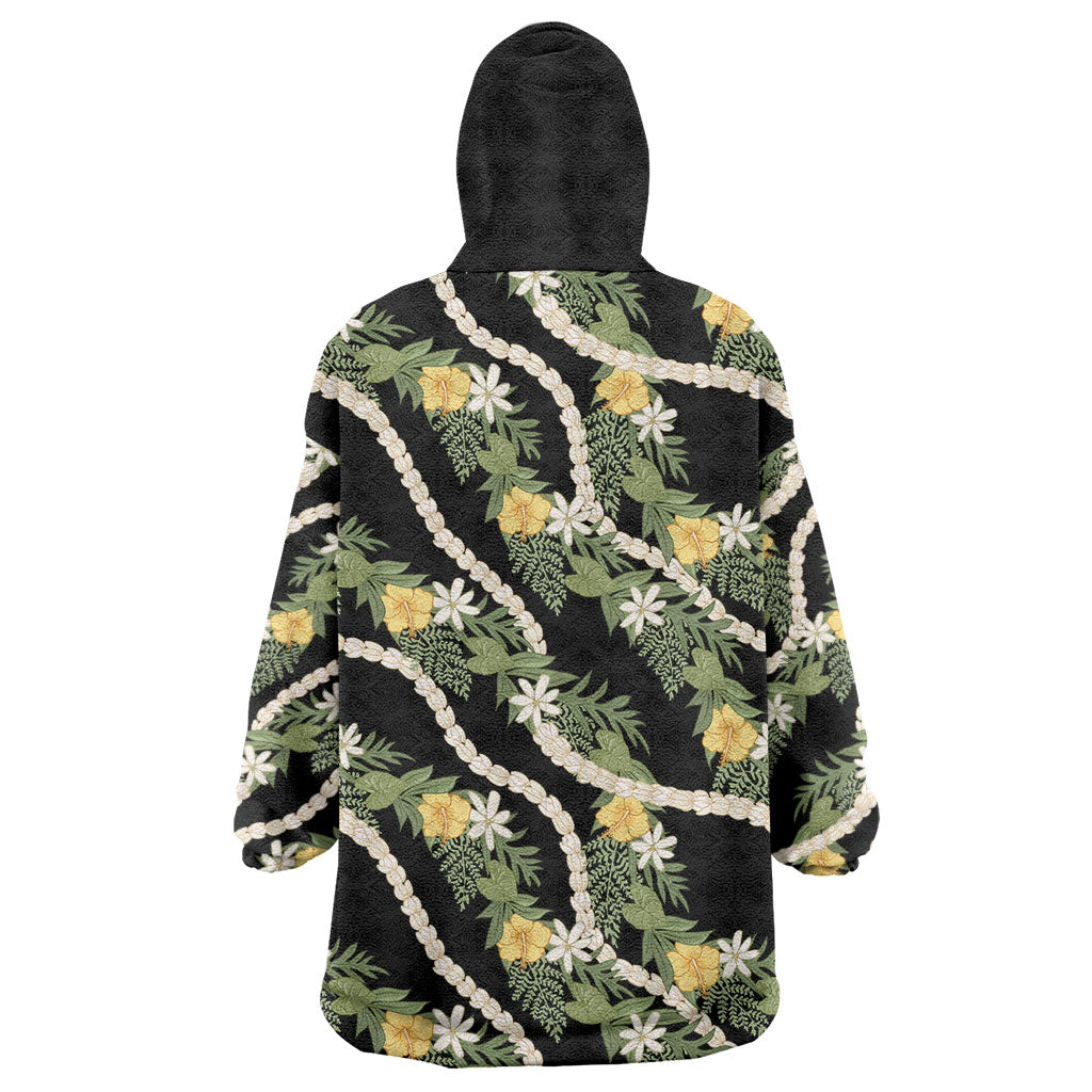 Hawaiian Pikake Maile Lei Wearable Blanket Hoodie Tiare Hibiscus Kalo Palapalai Leaf Black LT19 - Polynesian Pride