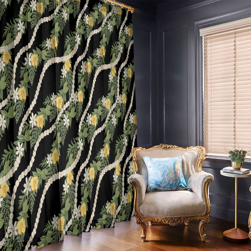 Hawaiian Pikake Maile Lei Window Curtain Tiare Hibiscus Kalo Palapalai Leaf Black LT19 - Polynesian Pride