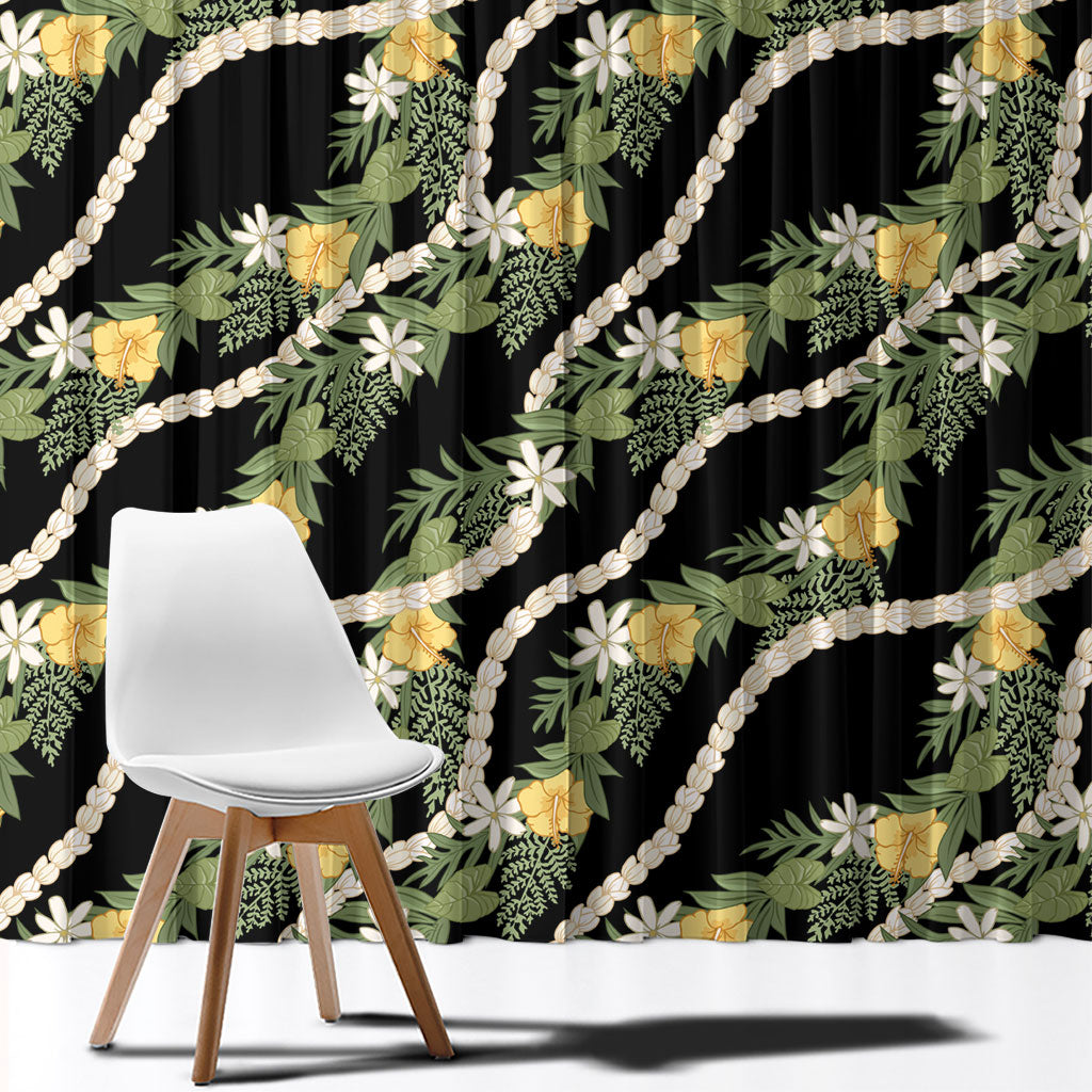 Hawaiian Pikake Maile Lei Window Curtain Tiare Hibiscus Kalo Palapalai Leaf Black LT19 - Polynesian Pride