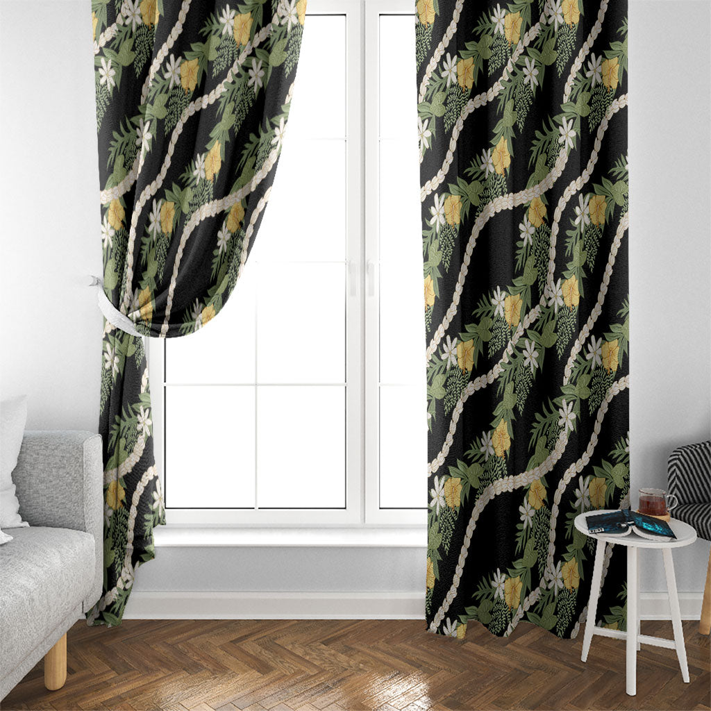 Hawaiian Pikake Maile Lei Window Curtain Tiare Hibiscus Kalo Palapalai Leaf Black LT19 - Polynesian Pride