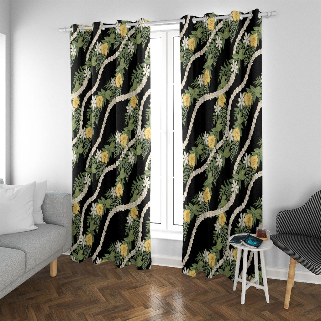 Hawaiian Pikake Maile Lei Window Curtain Tiare Hibiscus Kalo Palapalai Leaf Black LT19 With Grommets Black - Polynesian Pride