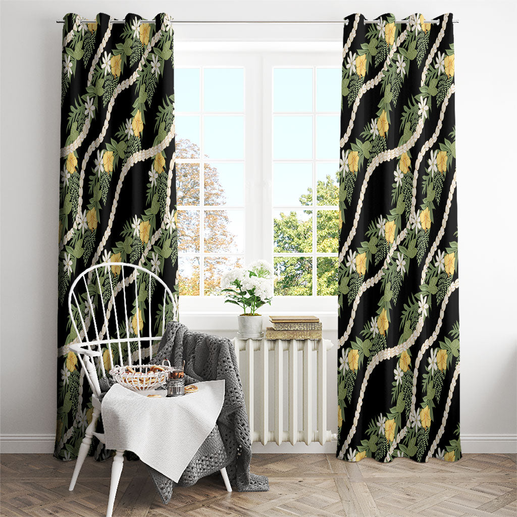 Hawaiian Pikake Maile Lei Window Curtain Tiare Hibiscus Kalo Palapalai Leaf Black LT19 - Polynesian Pride