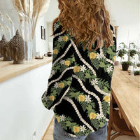 Hawaiian Pikake Maile Lei Women Casual Shirt Tiare Hibiscus Kalo Palapalai Leaf Black LT19 - Polynesian Pride
