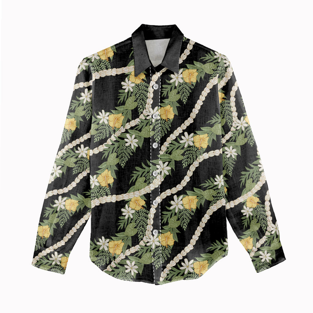Hawaiian Pikake Maile Lei Women Casual Shirt Tiare Hibiscus Kalo Palapalai Leaf Black LT19 - Polynesian Pride