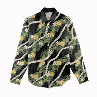 Hawaiian Pikake Maile Lei Women Casual Shirt Tiare Hibiscus Kalo Palapalai Leaf Black LT19 - Polynesian Pride