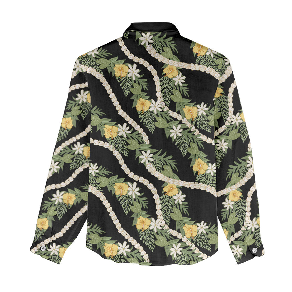 Hawaiian Pikake Maile Lei Women Casual Shirt Tiare Hibiscus Kalo Palapalai Leaf Black LT19 - Polynesian Pride