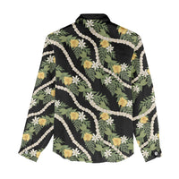 Hawaiian Pikake Maile Lei Women Casual Shirt Tiare Hibiscus Kalo Palapalai Leaf Black LT19 - Polynesian Pride