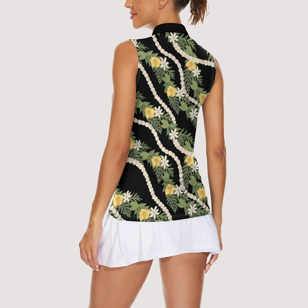 Hawaiian Pikake Maile Lei Women Sleeveless Polo Shirt Tiare Hibiscus Kalo Palapalai Leaf Black LT19 - Polynesian Pride