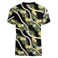 Hawaiian Pikake Maile Lei Women V-Neck T-Shirt Tiare Hibiscus Kalo Palapalai Leaf Black LT19 - Polynesian Pride