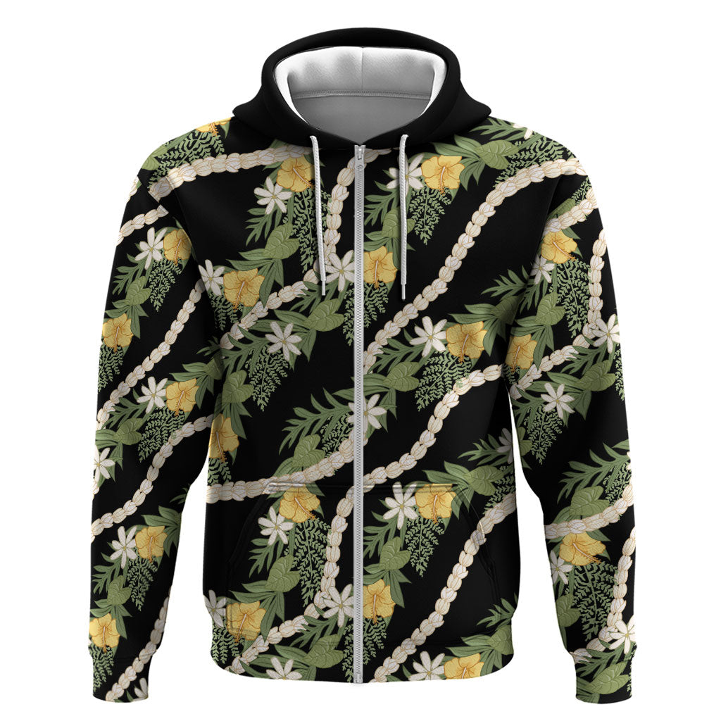 Hawaiian Pikake Maile Lei Zip Hoodie Tiare Hibiscus Kalo Palapalai Leaf Black