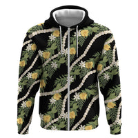 Hawaiian Pikake Maile Lei Zip Hoodie Tiare Hibiscus Kalo Palapalai Leaf Black