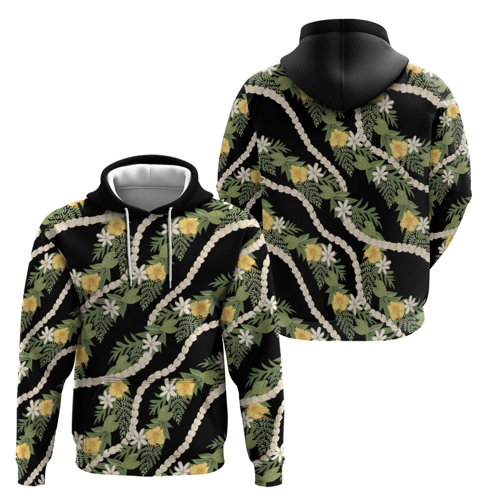 Hawaiian Pikake Maile Lei Zip Hoodie Tiare Hibiscus Kalo Palapalai Leaf Black