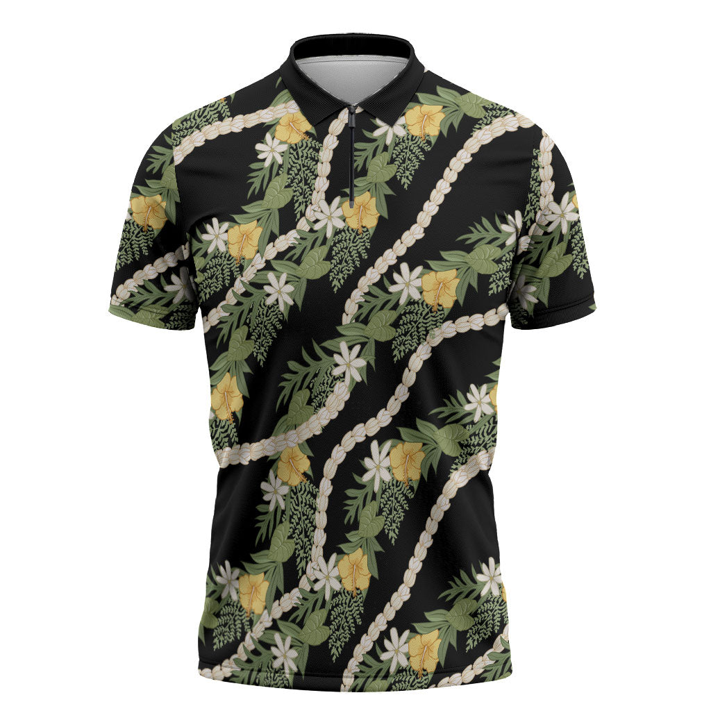 Hawaiian Pikake Maile Lei Zipper Polo Shirt Tiare Hibiscus Kalo Palapalai Leaf Black