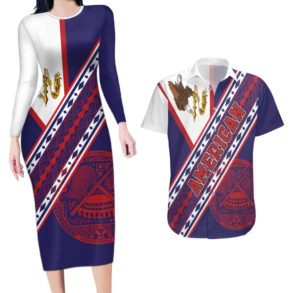 American Samoa Flag Day Couples Matching Long Sleeve Bodycon Dress and Hawaiian Shirt Polynesian Tribal Tattoo Eagle Art