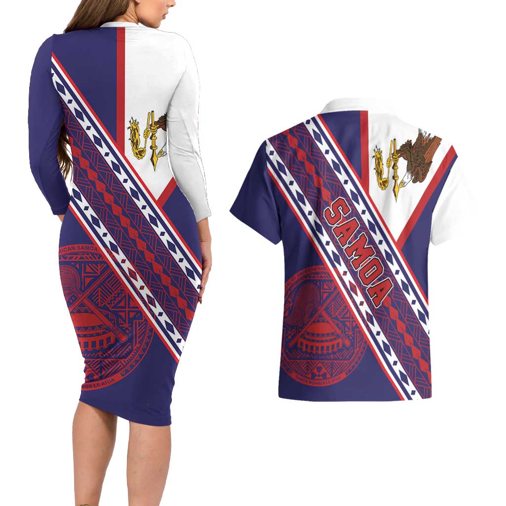 American Samoa Flag Day Couples Matching Long Sleeve Bodycon Dress and Hawaiian Shirt Polynesian Tribal Tattoo Eagle Art