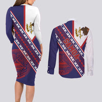 American Samoa Flag Day Couples Matching Long Sleeve Bodycon Dress and Long Sleeve Button Shirt Polynesian Tribal Tattoo Eagle Art