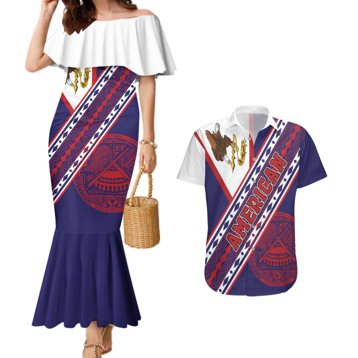 American Samoa Flag Day Couples Matching Mermaid Dress and Hawaiian Shirt Polynesian Tribal Tattoo Eagle Art