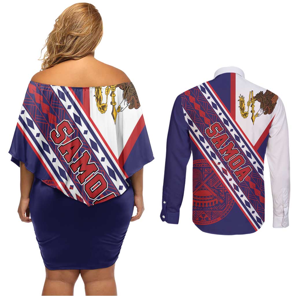 American Samoa Flag Day Couples Matching Off Shoulder Short Dress and Long Sleeve Button Shirt Polynesian Tribal Tattoo Eagle Art