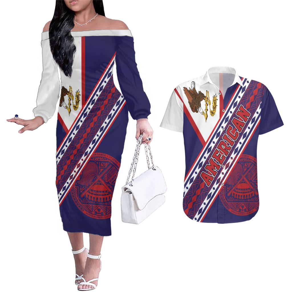 American Samoa Flag Day Couples Matching Off The Shoulder Long Sleeve Dress and Hawaiian Shirt Polynesian Tribal Tattoo Eagle Art