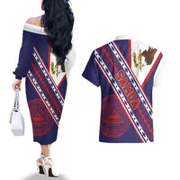 American Samoa Flag Day Couples Matching Off The Shoulder Long Sleeve Dress and Hawaiian Shirt Polynesian Tribal Tattoo Eagle Art