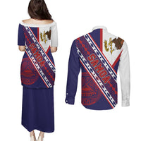 American Samoa Flag Day Couples Matching Puletasi and Long Sleeve Button Shirt Polynesian Tribal Tattoo Eagle Art