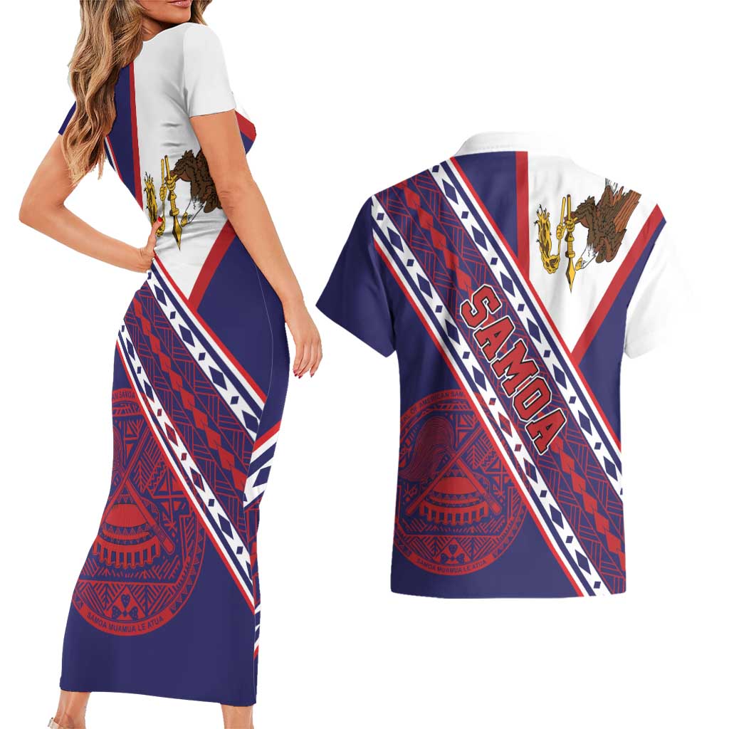American Samoa Flag Day Couples Matching Short Sleeve Bodycon Dress and Hawaiian Shirt Polynesian Tribal Tattoo Eagle Art